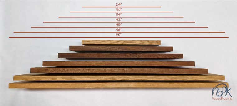 Oak and mahogany long floating shelves are stacked on top of each other to display their varying lengths. At the top, their lengths are displayed from bottom to top: 60'', 56",48", 42", 36", 30", and 24". 