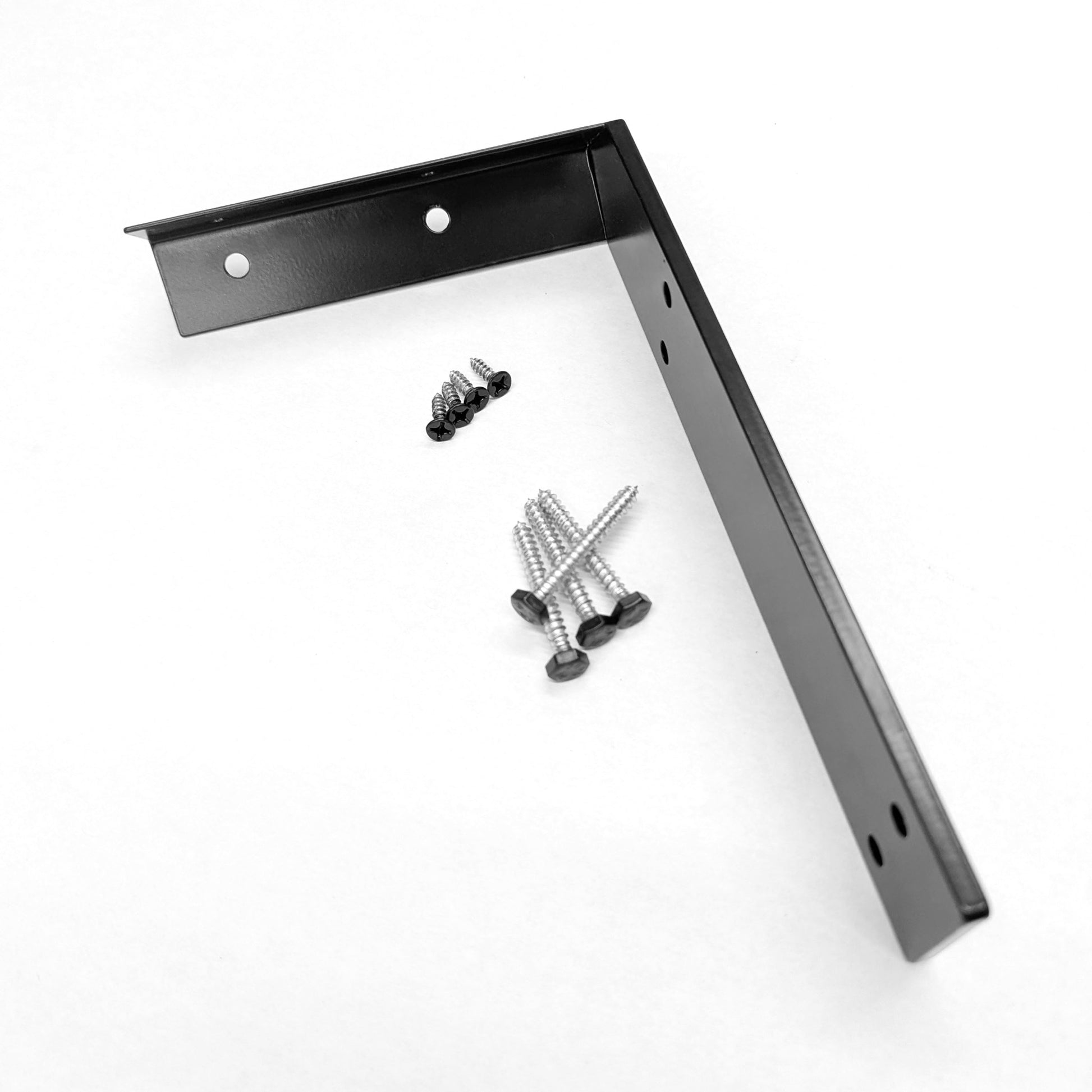 Black metal corner bracket with screws on a white background.
