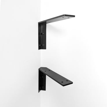 Two black metal brackets powder-coated on a white background