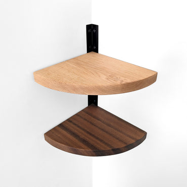 Two wooden corner shelves with black bracket on a white background. Top down view.