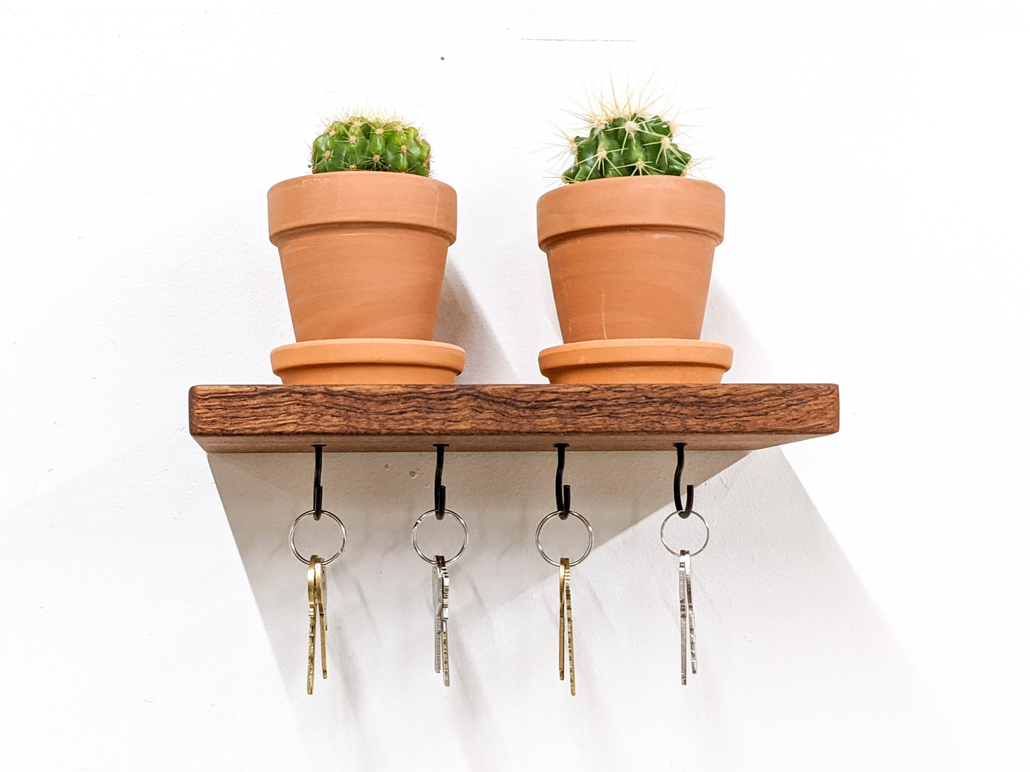 A head-on view of a mahogany floating key hook shelf with four keys dangling securely below the shelf and two terracotta planters resting on top. Within each terracotta planters is a singular round cactus.
