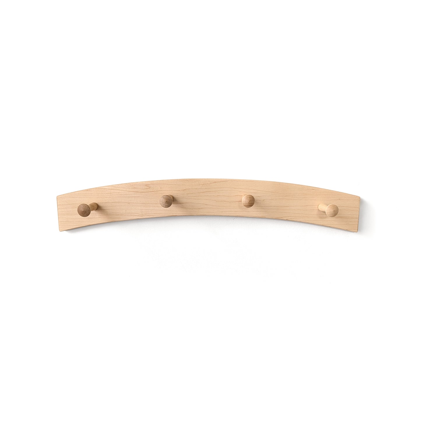 Wood arched coat rack with four hooks on a white background