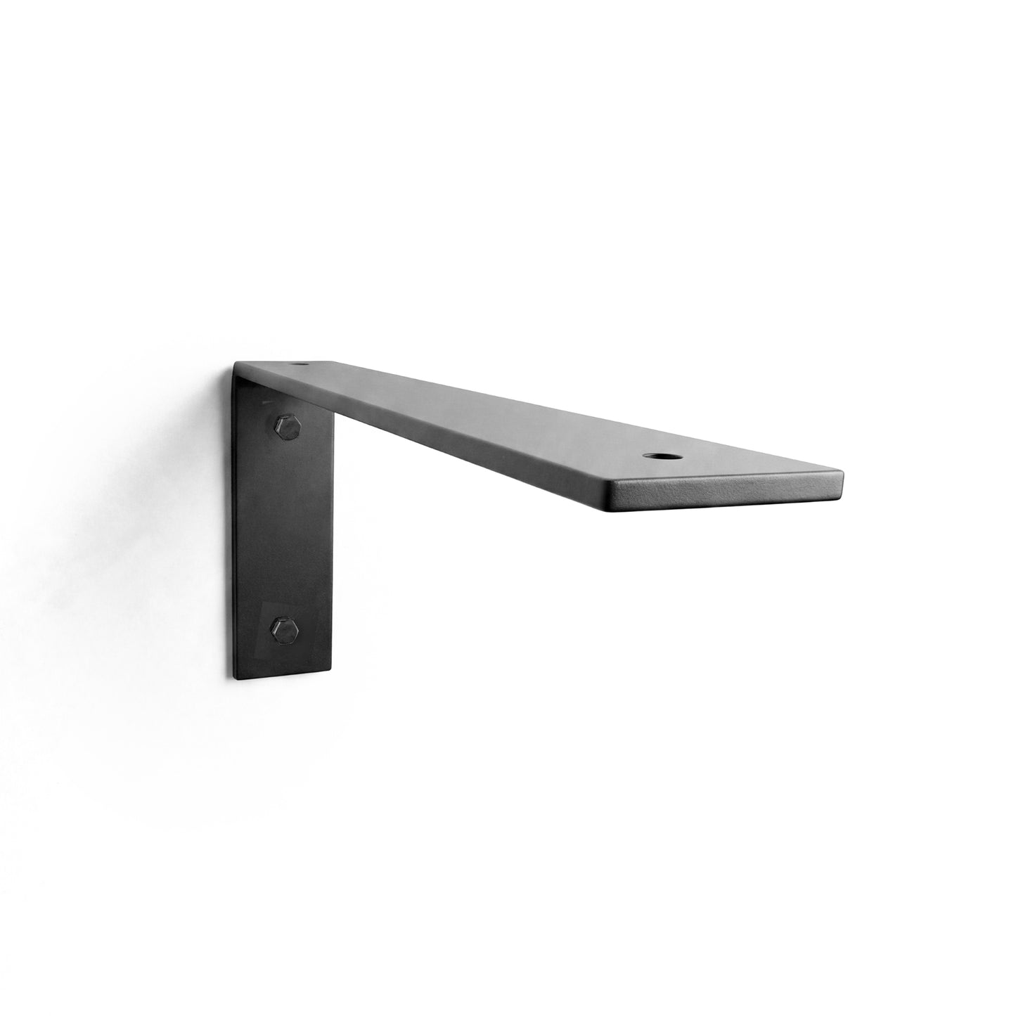 Black metal L bracket on a white background