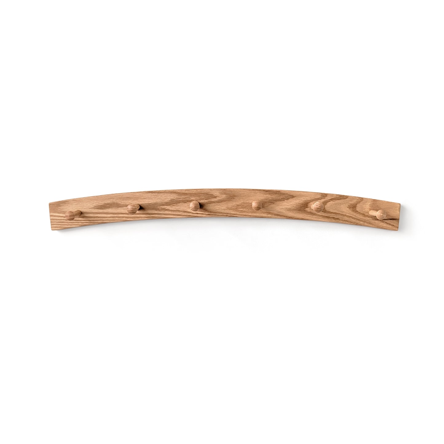 Six shaker peg oak coat rack with distinctive arch shape. 
