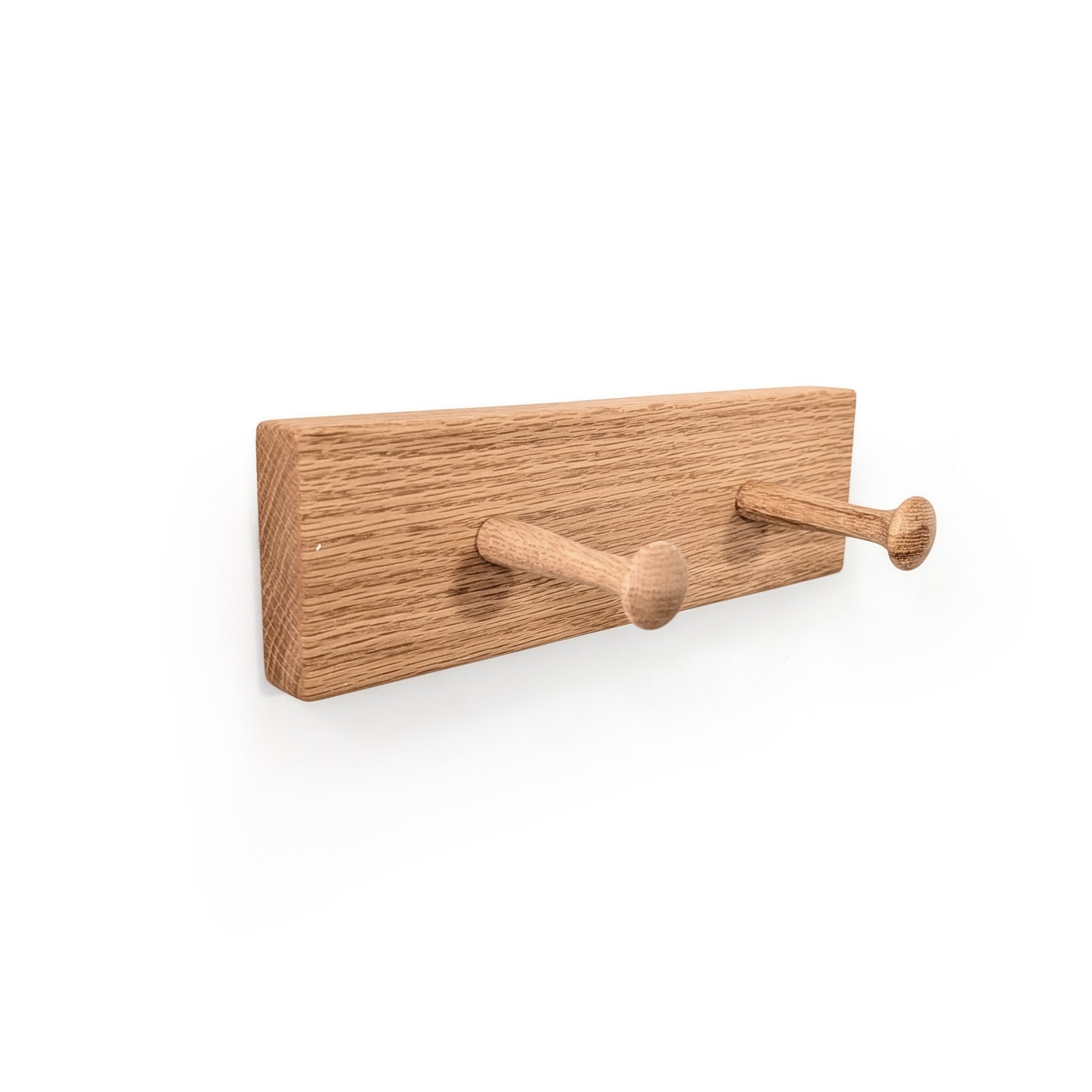Oak wall hook coat rack with two hooks on a white background