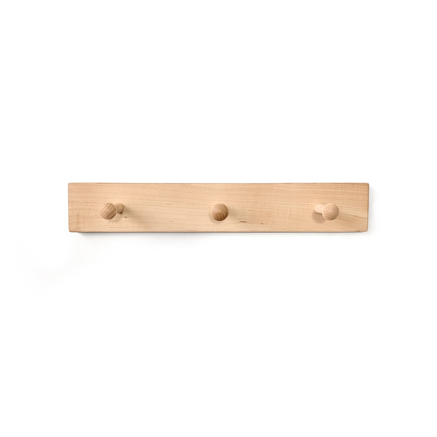 Maple wood coat rack with three hooks on a white background