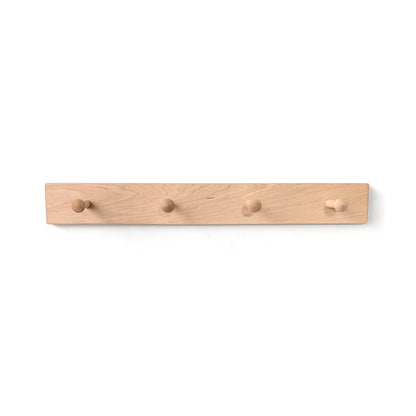 Wooden coat rack with four hooks on a white background