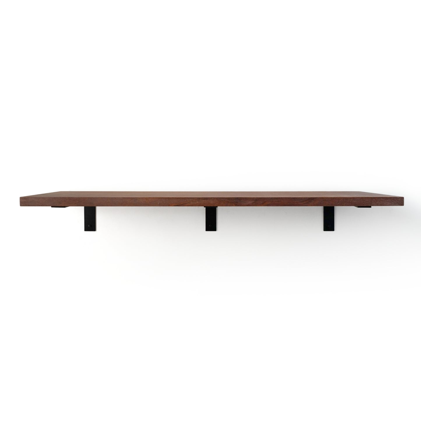 Mahogany shelf with steel black brackets on a white background