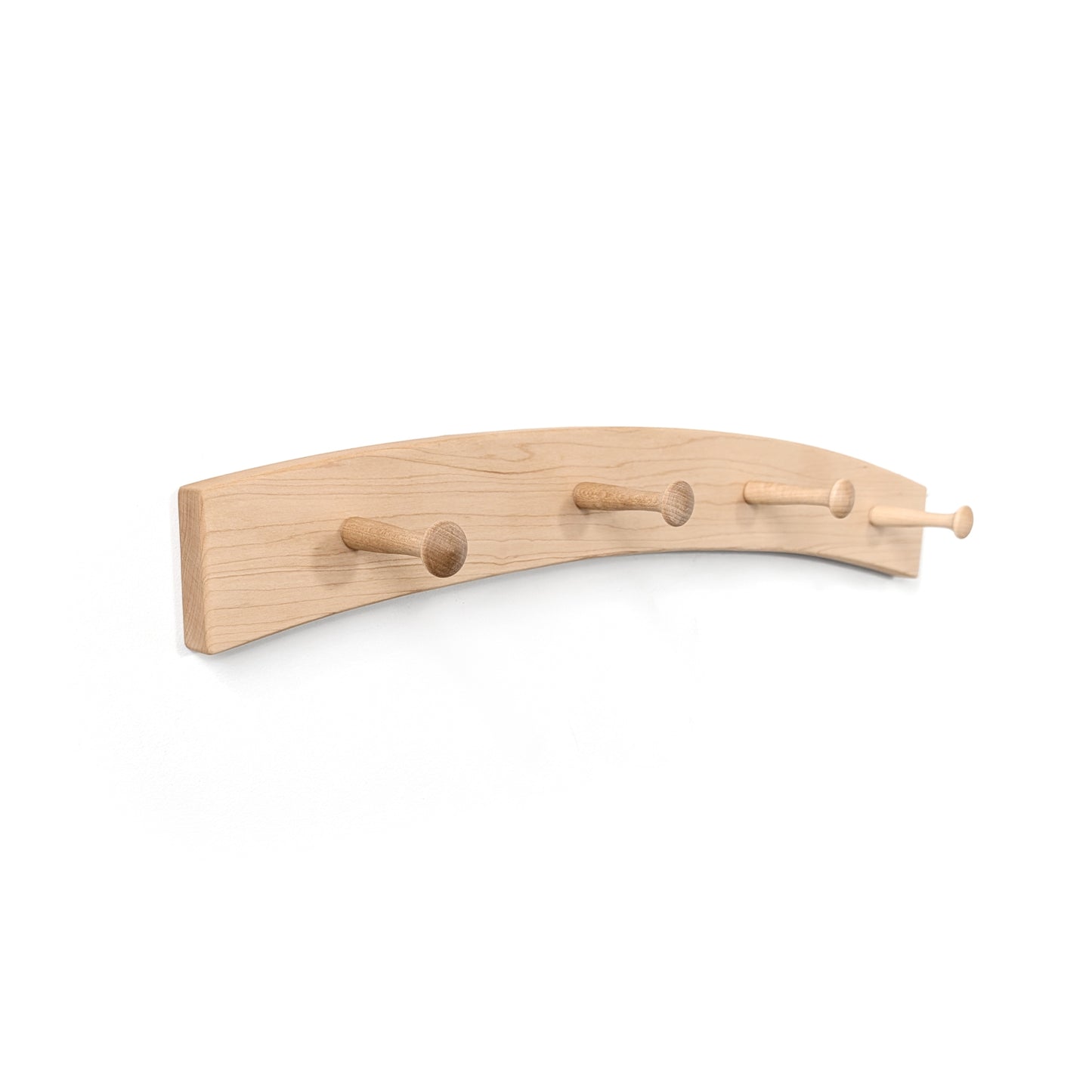 Solid maple wall hook with four pegs on a white background