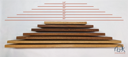 Oak and mahogany long floating shelves are stacked on top of each other to display their varying lengths. At the top, their lengths are displayed from bottom to top: 60'', 56",48", 42", 36", 30", and 24". 