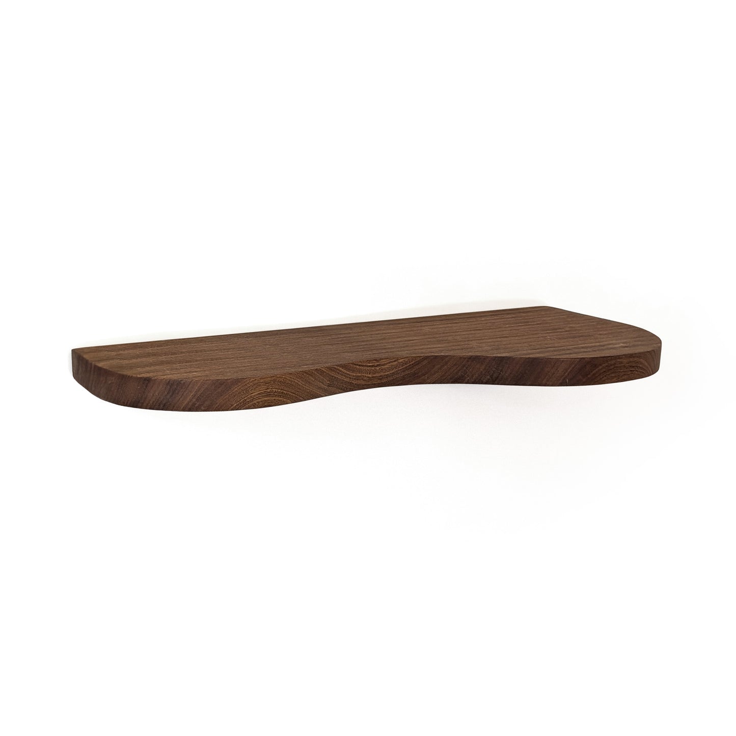 A dark brown wooden walnut floating shelf with a wavy, organic silhouette and visible wood grain, shown against a plain white background.
