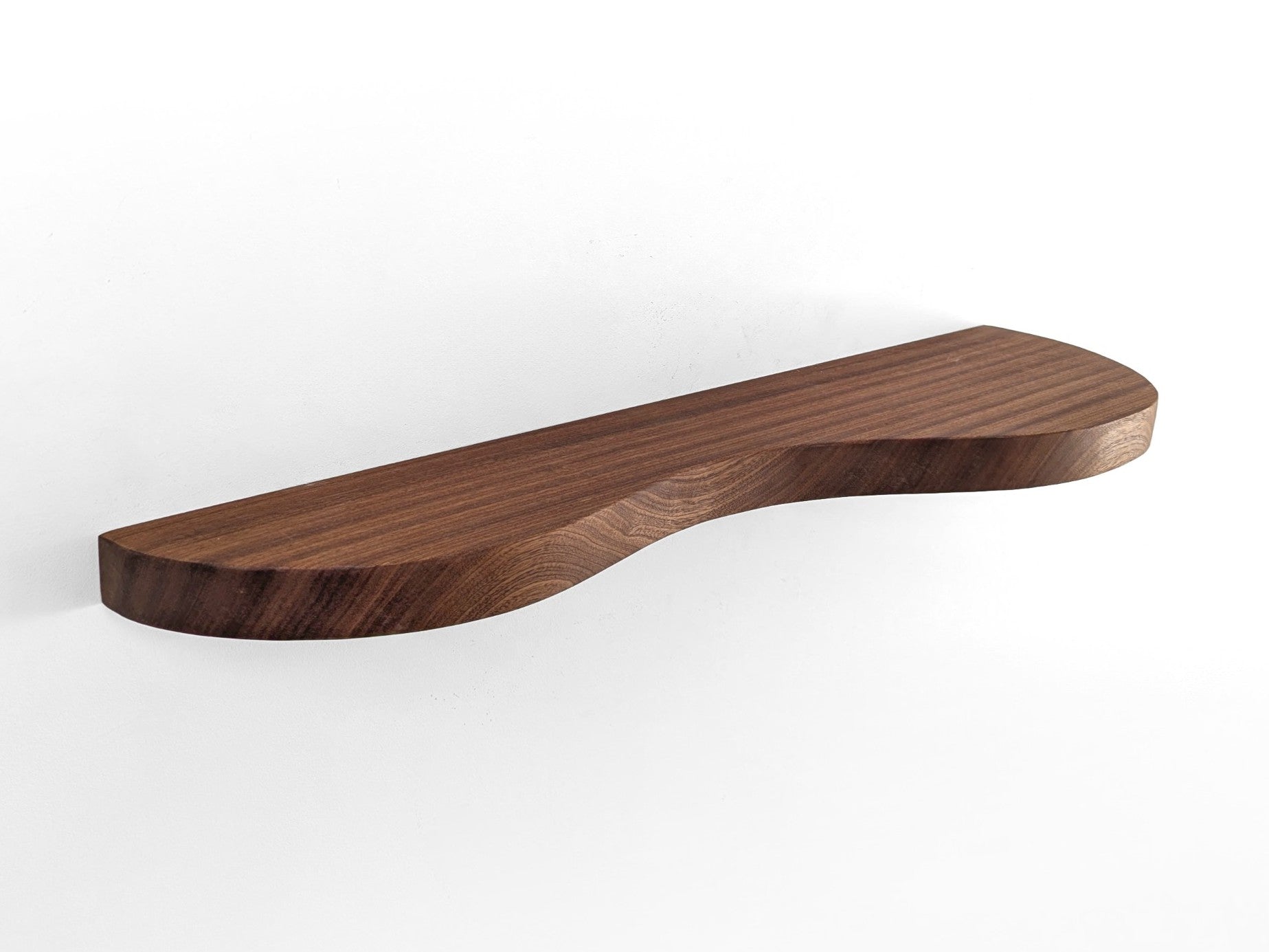 A mahogany double curved floating shelf, photo taken from left upper angle