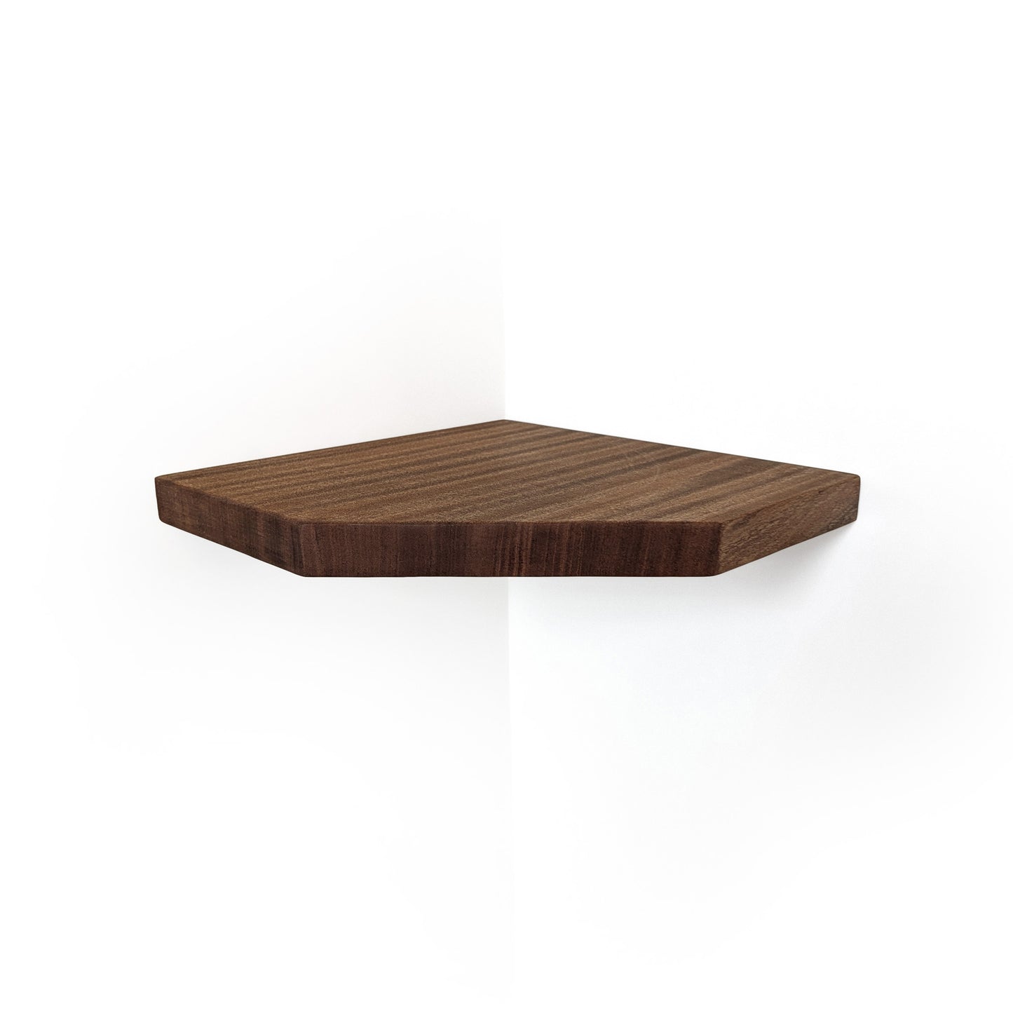 A dark brown walnut hexagonal wooden corner shelf mounted on a white wall, showing a clean wood grain texture.