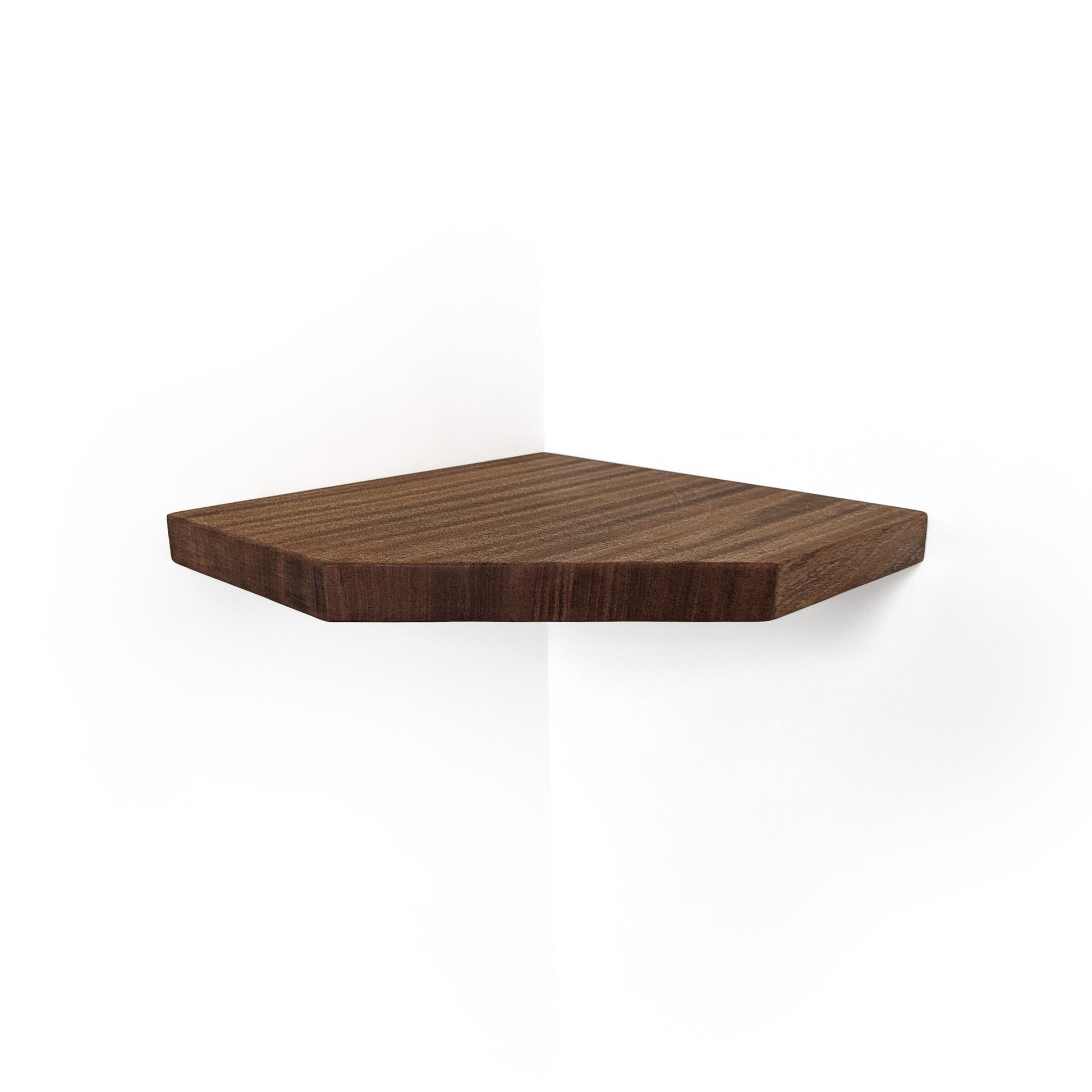 A dark brown walnut hexagonal wooden corner shelf mounted on a white wall, showing a clean wood grain texture.