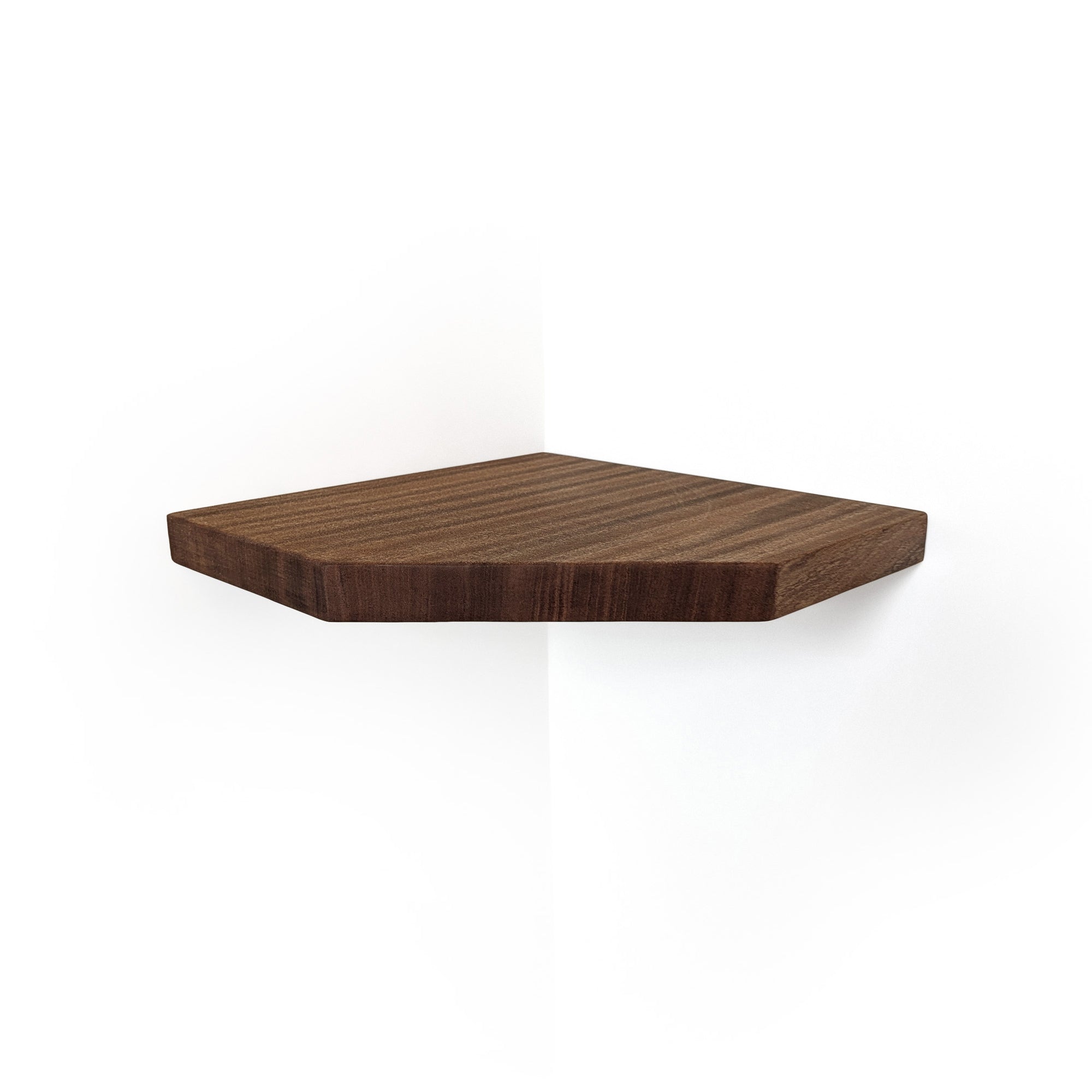 A dark brown walnut hexagonal wooden corner shelf mounted on a white wall, showing a clean wood grain texture.