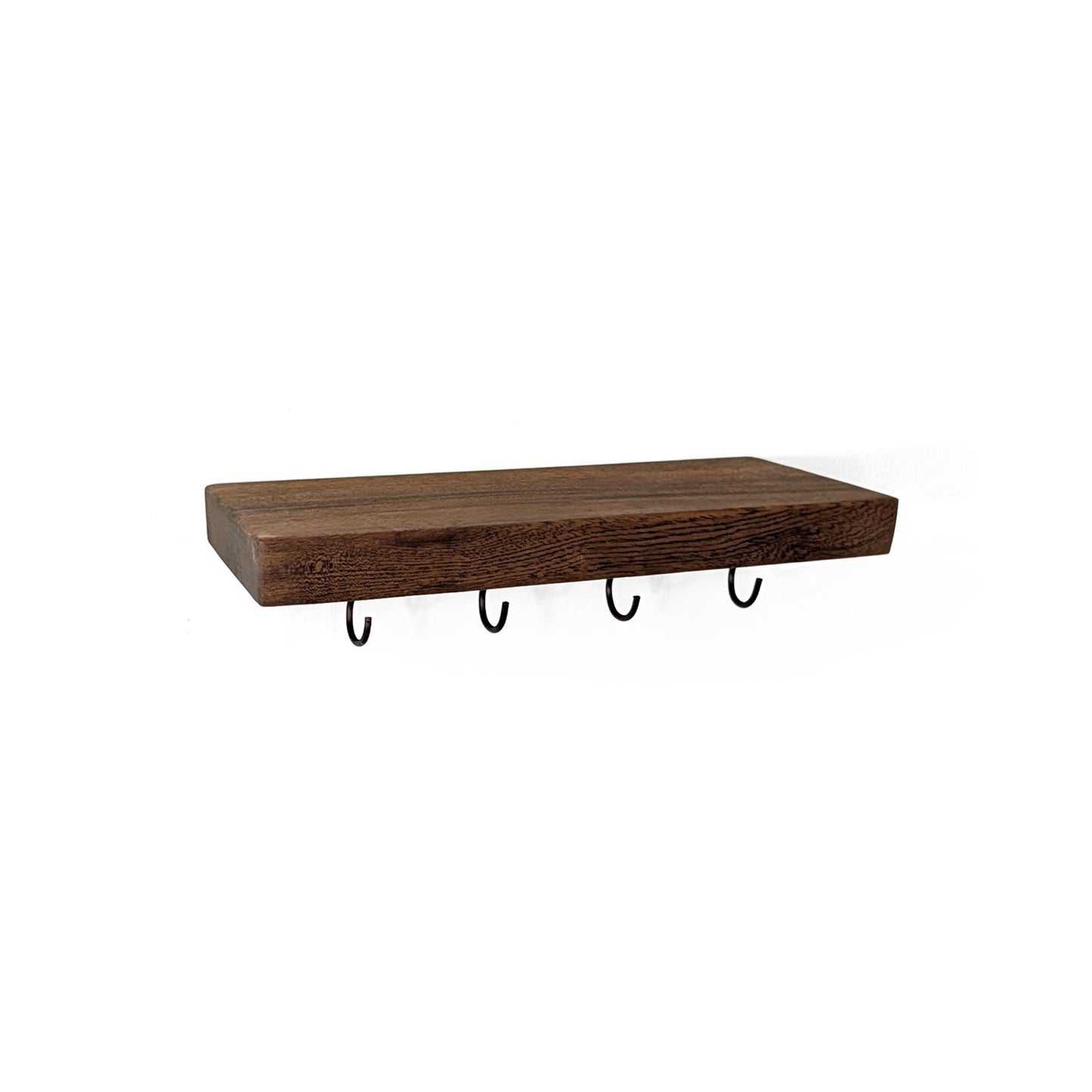 A dark brown wooden floating shelf with four black metal hooks hanging underneath, shown against a plain white background.