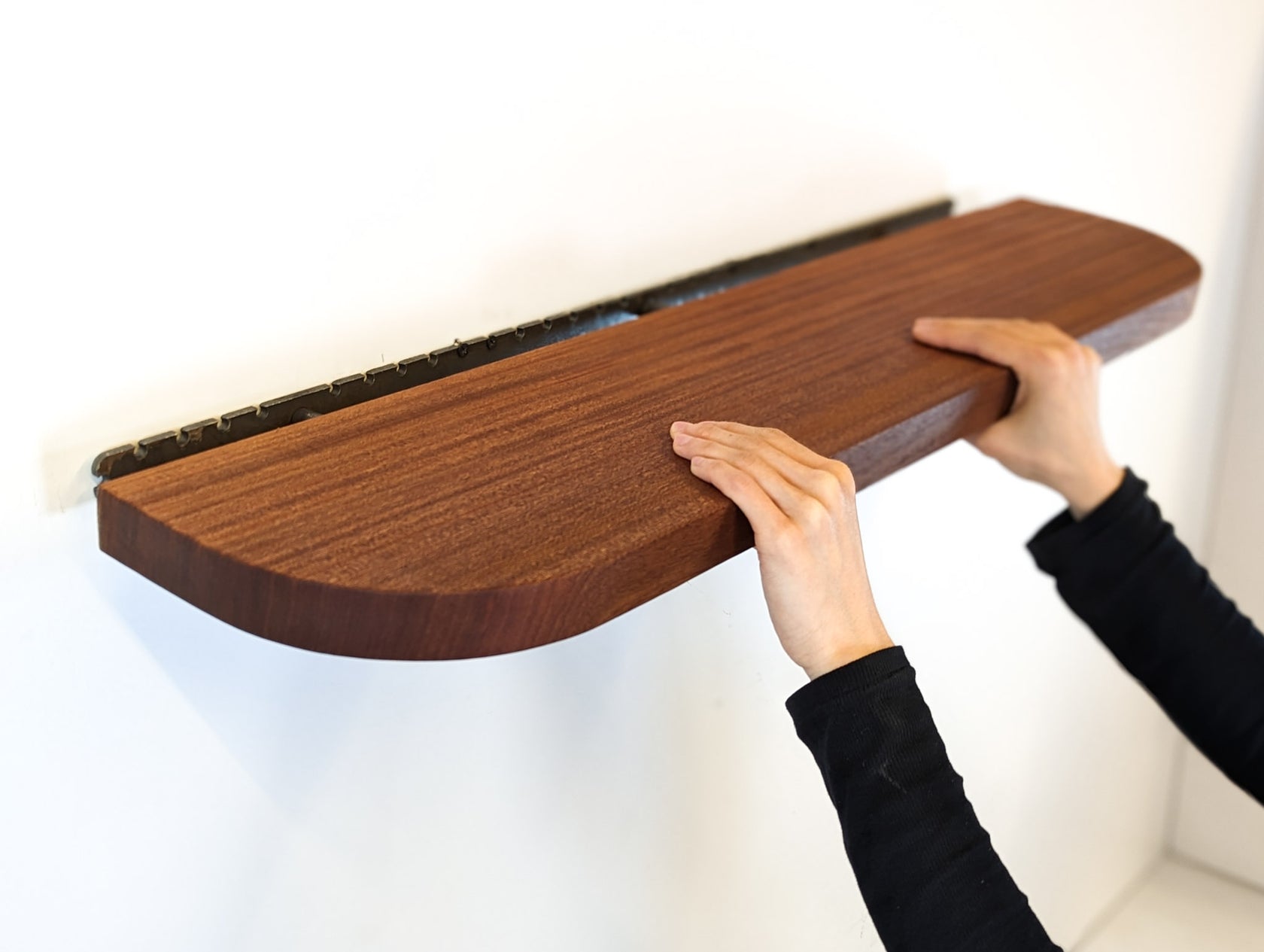 Long floating shelves with rounded corners in mahogany NookWoodworking