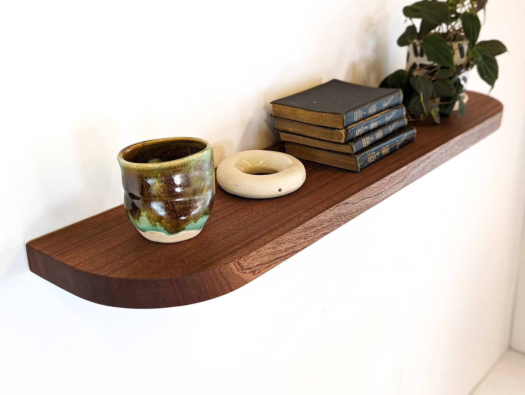 Long floating shelves with rounded corners in mahogany – NookWoodworking