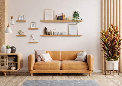 Thick oak floating shelves in a living room.