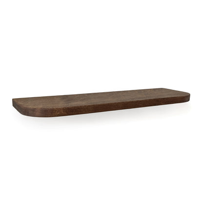 Thick mahogany shelf with walnut stain and rounded corners on a white wall.