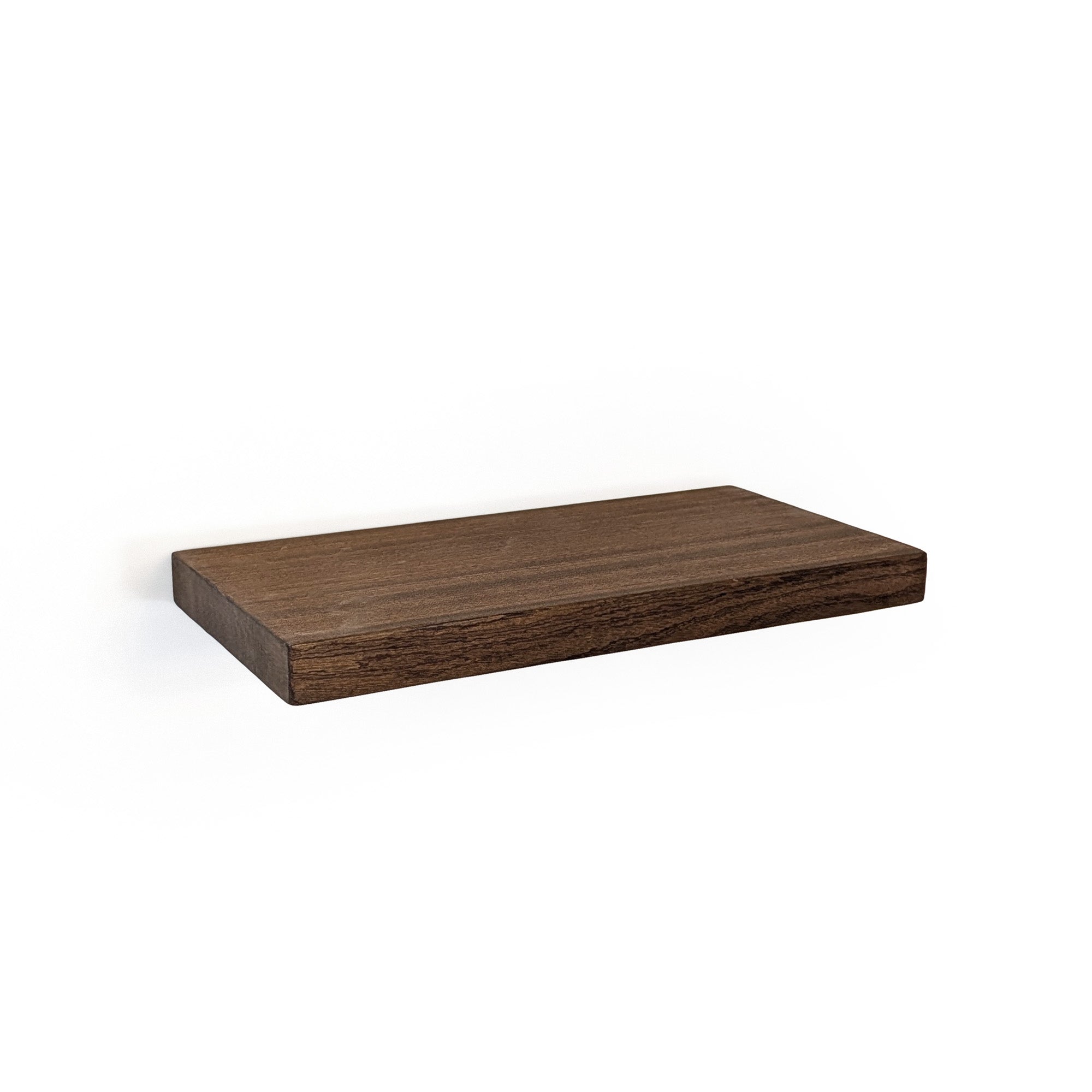 Thick mahogany shelf with walnut stain in a small size against a white wall.