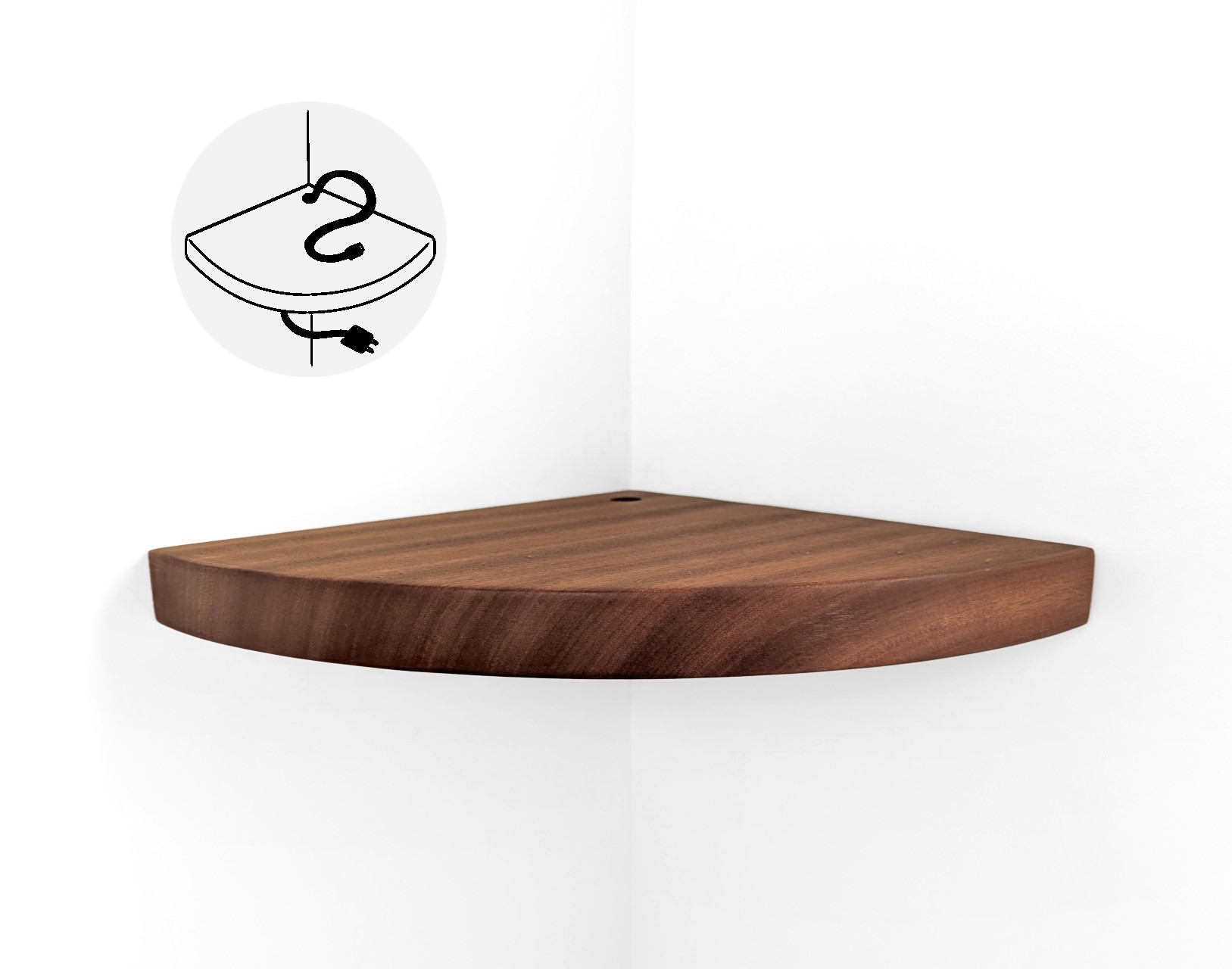 Mahogany corner shelf with grommet hole is installed on a white wall.