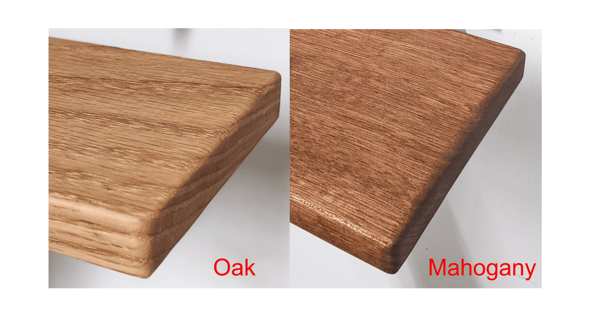 To the left, an image of the corner of an oak wood floating shelf, the edges are softly rounded and the wood displays a fine light grain. In the bottom right hand corner of the picture, in red letters, it reads, "Oak". To the right, an image of the corner of a mahogany floating shelf. The grain is fine and reddish-brown, the edges are soft. In the bottom right-hand corner of the picture, in red letters, it reads, "Mahogany".