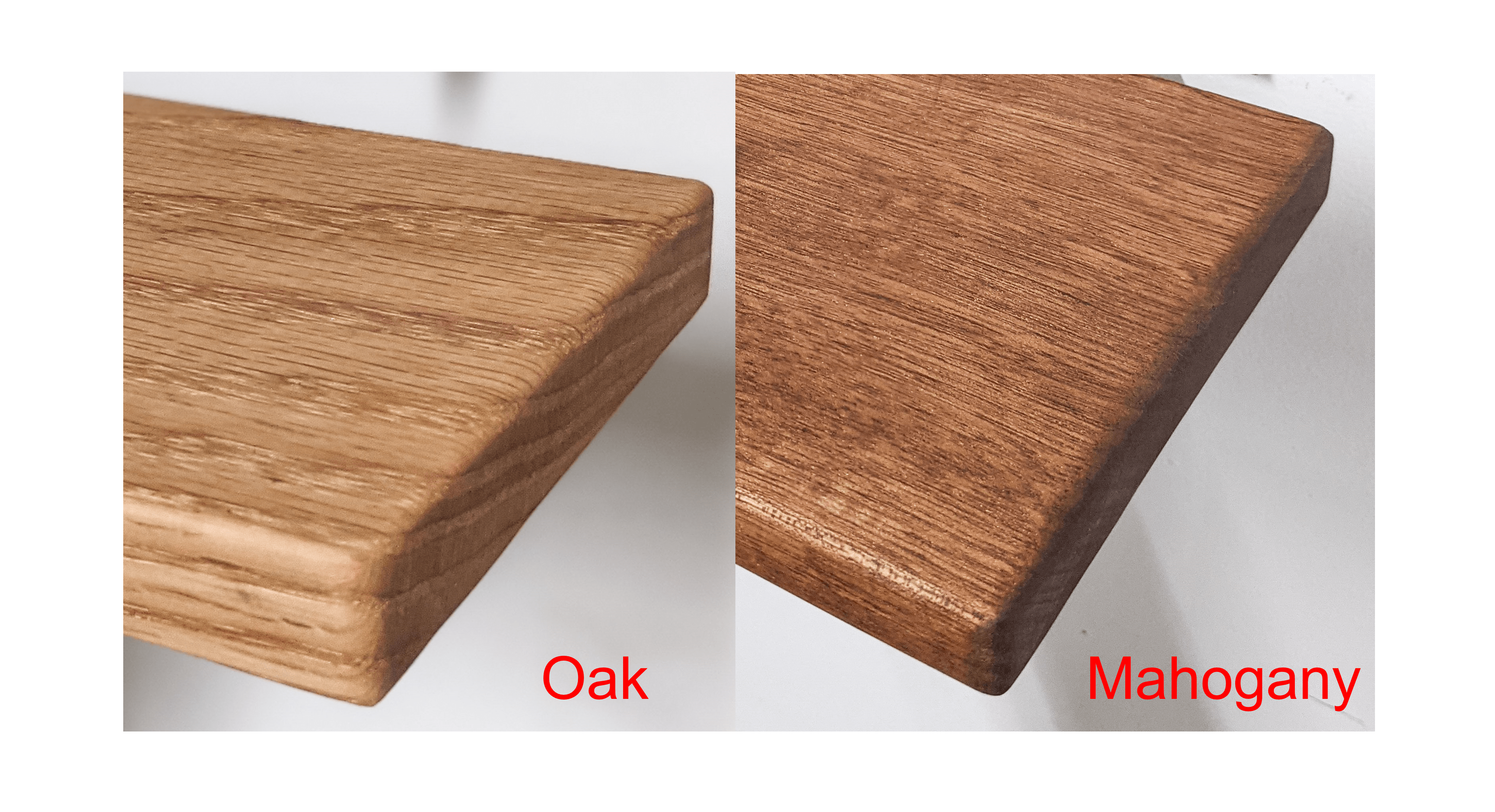 To the left, an image of the corner of an oak wood floating shelf, the edges are softly rounded and the wood displays a fine light grain. In the bottom right hand corner of the picture, in red letters, it reads, "Oak". To the right, an image of the corner of a mahogany floating shelf. The grain is fine and reddish-brown, the edges are soft. In the bottom right-hand corner of the picture, in red letters, it reads, "Mahogany".