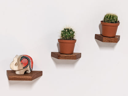 A set of three trapezoid floating shelves in mahogany ascend a wall. On the bottom shelf, a unique red and black wooden elephant sits, on the middle and top shelves, a cactus sits in a terracotta planter.