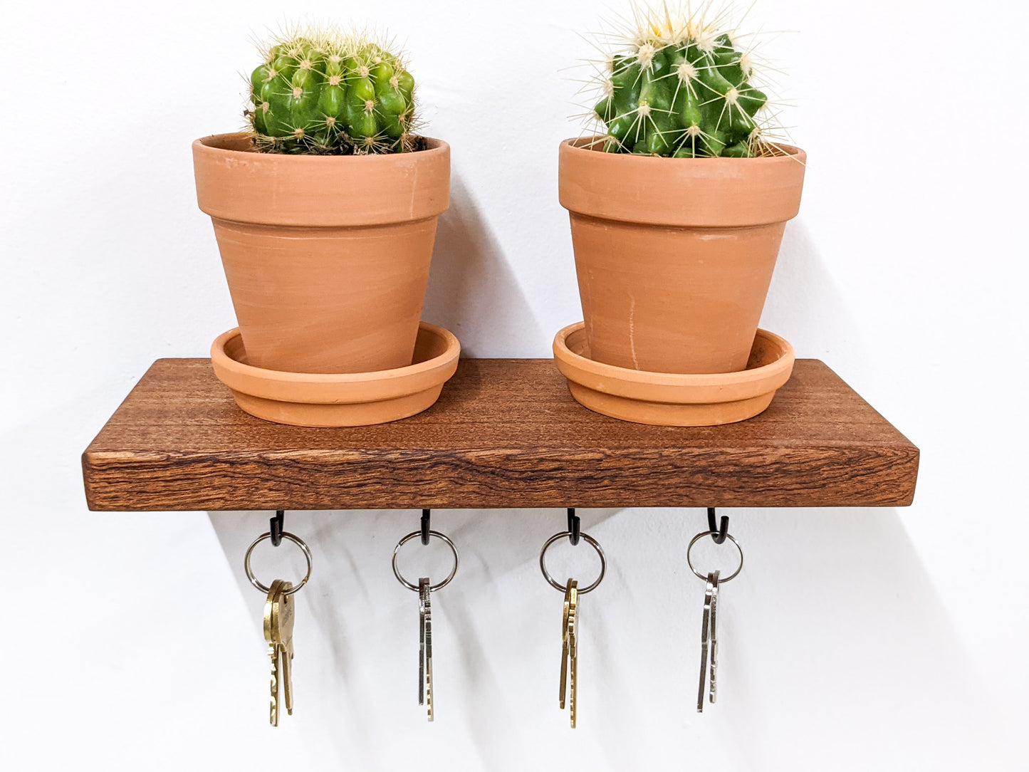 A head-on view of a mahogany floating key hook shelf with four keys dangling securely below the shelf and two terracotta planters resting on top. Within each terracotta planters is a singular round cactus.